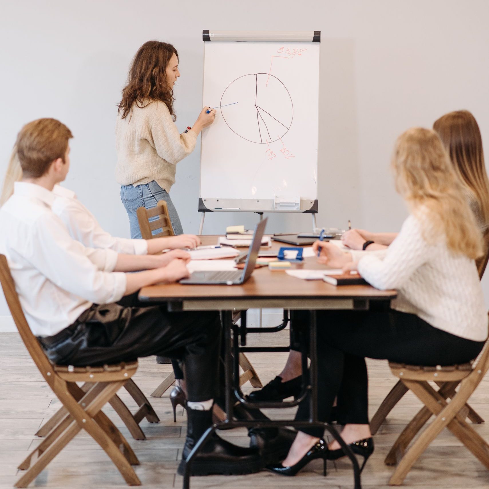 Group discussing business strategy with flipchart presentation in office meeting.